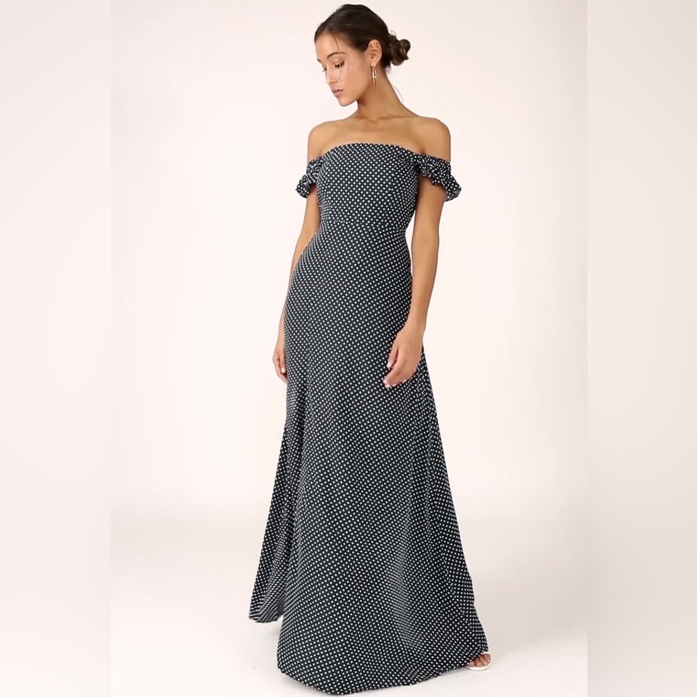 LULUS, Dream Love Navy Blue Polka Dot Off-the-Shoulder Maxi Dress - Picture 2 of 11